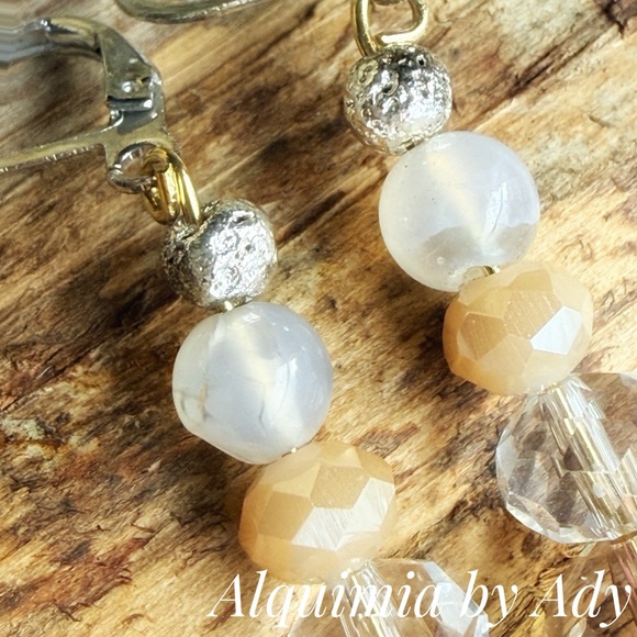 Warm Peach & Neutral Gemstone Drop Earrings — Lightweight Handmade Dangles - Picture 4 of 4